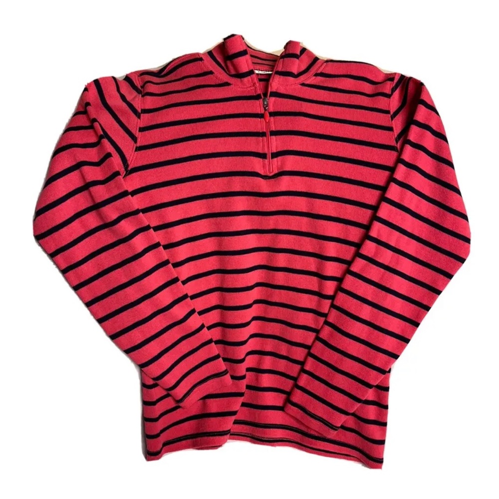 LL Bean 1/4 Button Pullover 100% Cotton Striped Blue White Sweater Women's S